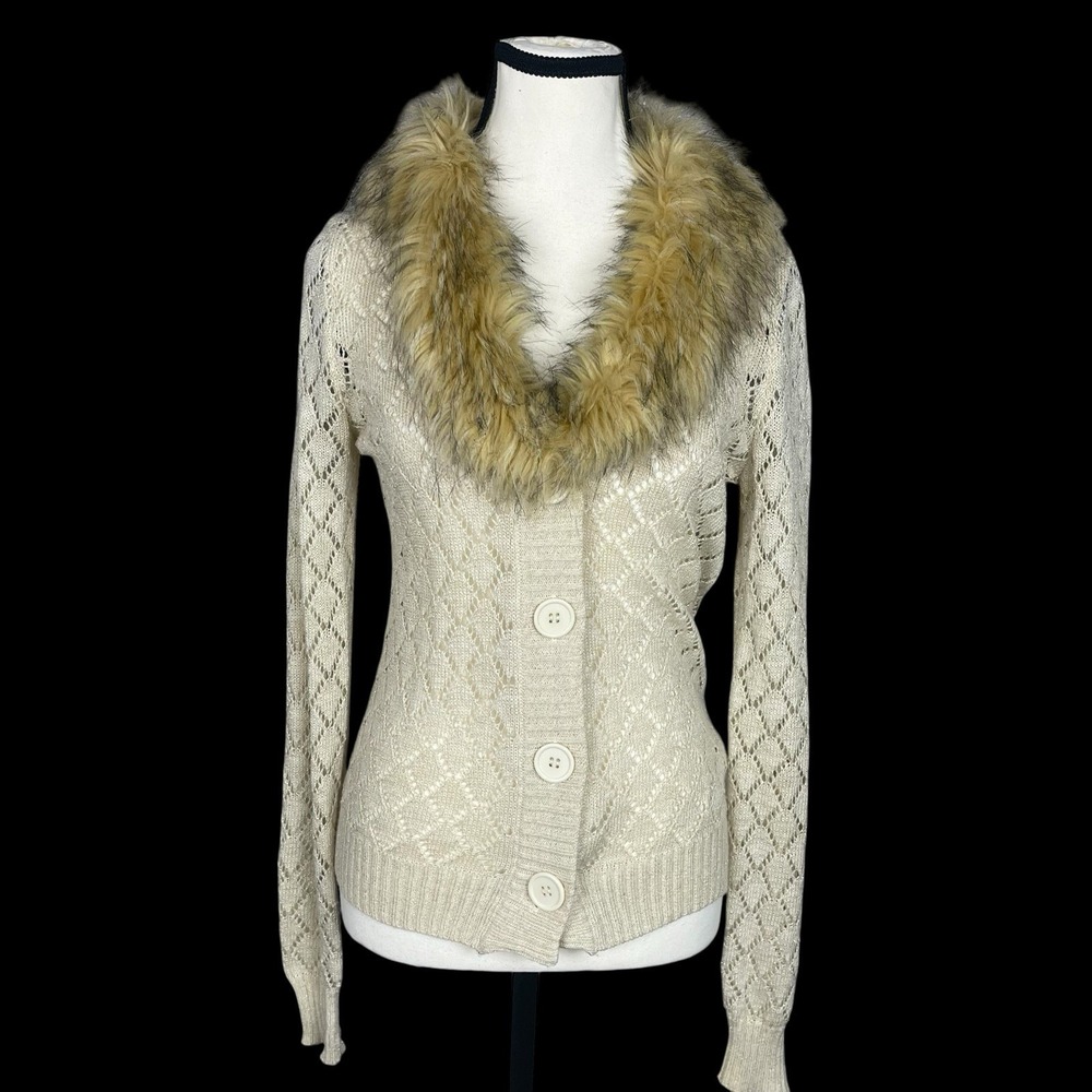 Wet Seal Vintage Y2K Fur Collar Ivory Cardigan Womens S Big Buttons Winter Glam